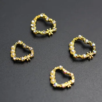 10tk Kuld südame-kujuline Lill, Pearl rhinestone nail art deco sulamist 3D õõnes küünte võlu flash sulamist küünte Aksessuaar Pakkumise KUUM