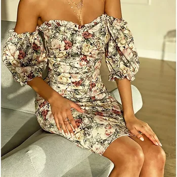 2021 Maha Õla Suvine Kleit Olkaimeton Floral Print Naiste Mantel Kleidid Elastne Vintske Selvedge Mini Sundress Naistele