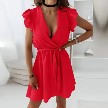 2021 Suvel Naiste Elegantne Värviga Ruffle Kleit V-Kaeluse Poole Mini Kleit Office Lady Vabaaja Lühikesed Varrukad-Line Kleit Vestidos