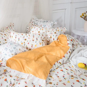 2021 Uusim Nelja-osaline voodipesu lihtne puuvillane topelt leibkonna voodi lehel tekk katab ühiselamu valge kollane leht tekk