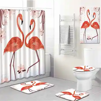 5tk/set 3D Flamingo Trükitud Muster Dušš Kardin Pjedestaal Vaipa Kaanega Wc Kaas Mati Vann Mat Komplekt Vannituba Kardinad