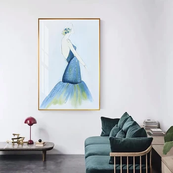 Abstraktset Roosa Seelik Tüdruk Lõuend Maal Akvarell Plakatid ja Pildid Sinine Kleit Seina Kunst elutuba, Magamistuba Fashion Home