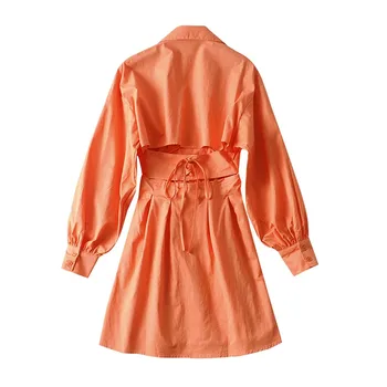 Artsnie Streetwear Oranž Casual Särk Kleit Naiste Suvel 2021 V-Kaelus Pikk Varrukas Kõrge Vöökoht Lace Up Daamid Kleidid Vestidos