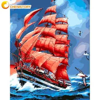CHENISTORY Punane Laeva Ookeani maastikumaal Numbrid Komplektid Täiskasvanutele 40x50cm Raamitud Õli Pildi Number Kodu Artcraft