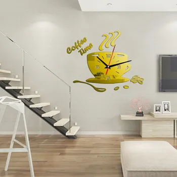 DIY köök kella kaasaegne disain peegel vaikne kvarts seina vaata home decor coffe cup kleebis kell