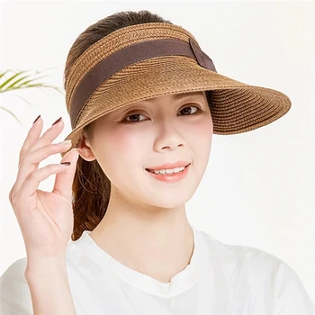 Giolshon Naiste Päike Mütsid Naine Bowknot Visiir Mütsid Käsitsi Valmistatud Õlgede Suvel Ühise Põllumajanduspoliitika Vabaaja Varju Tühi Müts Mütsi Tüdrukud Rannas Müts