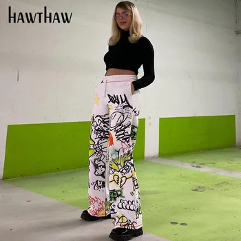 Hawthaw Naiste Suve Mood Sirge Lahti Käsitsi Maalitud Kõrge Vöökoht Pikad Vabaaja Püksid 2021 Naiste Riided Streetwear