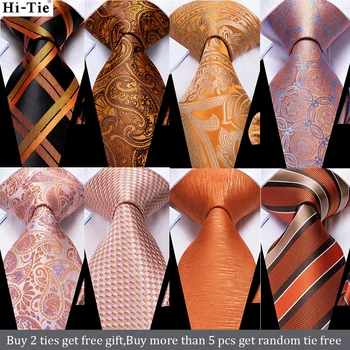 Hi-Tie Meeste Lipsu Komplekt Oranž Ruuduline Luxury Silk Pulm Lipsud, Meeste Uus Moe Disaini Kvaliteeti Hanky Cufflinks Set Dropshipping