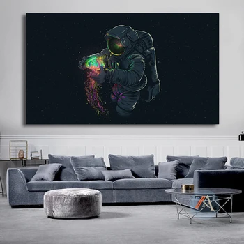 Huvitav astronaut mängib millimallikas ruumi lõuendile maali poster art ja kaasaegne trükkimine seina art elutuba