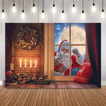 Häid Jõule Jõuluvana Windows Fotograafia taustaks punane curtrain laste taust photo studio küünlad moon öö