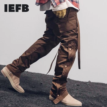 IEFB / Sügis Talv Streetwear Meeste Pool Snap Cargo Püksid, Hip-Hop, Slim Fit Ribboned Värvel Jälgida Püksid Elastne Vöökoht 9Y4214