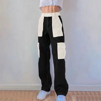 Inglismaa Preppy Stiili Sirged Teksad Naistele, Taskud Vabaaja Kottis Cargo Püksid Tüdrukute 90s Kõrge Vöökoht Streetwear Denim Püksid