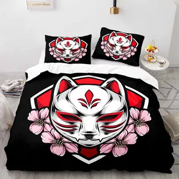 Jaapani Fox Sakura Mask Mustriga Voodipesu Komplekt,228×228 Tekikott Komplekt Padjapüür, 140×210 Tekk Kate, Must Tekk Kate