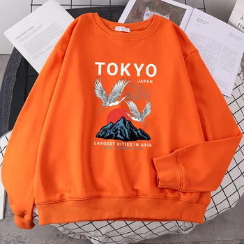 Jaapani Twin Kraanad Päikeseloojangut Üle Mount Fuji Prindi Dressipluus Punk Mood Naiste Pulloverid Esteetiline Sooja O-Kaeluse Hoody Naine