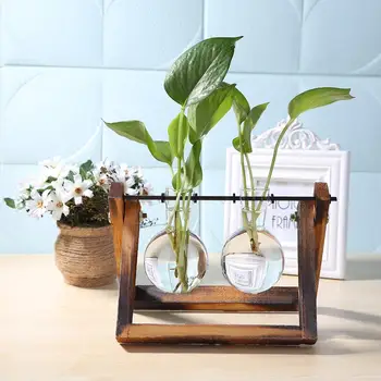 Klaasist ja Puidust Vaas Planter Terrarium Tabel Desktop Hydroponics Bonsai Taime lillepotis Rippuvad, Potid, Puidust Kandik Kodu Kaunistamiseks
