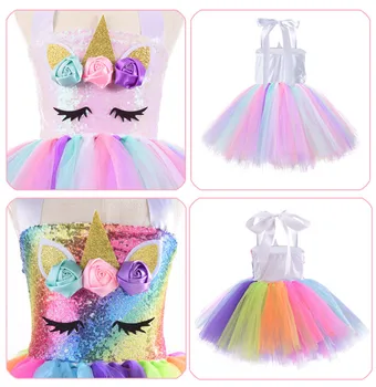 LED Tüdrukud Suvel Printsess Kleit Rainbow Unicorn Laste Vabaaja TUTU Kleidid Sünnipäeva Koos Lambi Laste Riided 2-10Y
