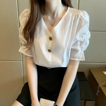 Lilla-Valge Särk Naistele, Pluusid Korea Lady Nuppu V Kaela Sale Naine Tops Vabaaja Office Lühikese Varrukaga Särk Blusas Mujer De Moda