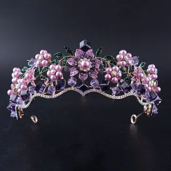 Luksus Barokk Lilla Kristall Pärl Pruudi Crown Tiara Suurepärane Rhinestone Diadem Pruut Peapael Pulmad Juuksed Tarvikud