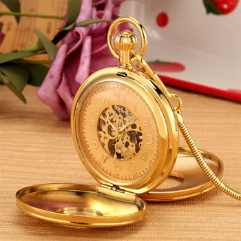 Luksus Puhas Vask Automaatne Mehaaniline Pocket Watch Full Gold Füüsilisest Isikust Lõpetamise Ripats Antiik Kell Topelt Avatud Hunter Retro Vaadata