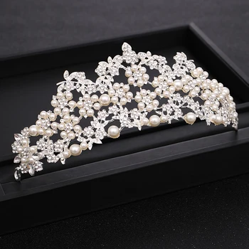 Luxuriou Crystal lmitation Pearl Silver värvi Pulm Tiara Pruudi Pärg Peas Ehted Pruut Headpiece Pulmad Juuksed Tarvikud