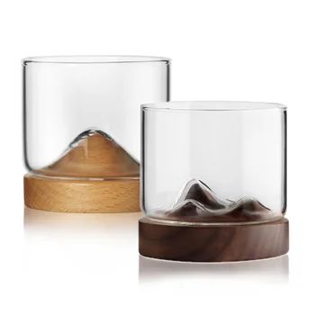 Läbipaistev Mägi Viski Klaas koos Puidust põhjaga Loominguline kuumakindel Õlle Klaas Veini Vesi Tee Tassi Komplekt Baar Drinkware