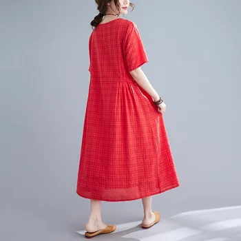 Lühikese varrukaga puuvillast voodipesu vintage ruuduline kleidid naistele vabaaja lahti pikk naine suvine kleit elegantne riided 2021