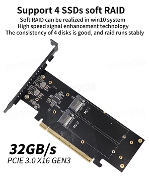 M2 NVME Adapter-4 Ports M. 2 NVMe, et PCIe 3.0 X16 Ärkaja Controller Adapter PCI Express 4 Porti M-Klahvi VROC RAID Host Controller