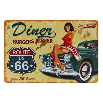 Metallist Tina Märk 20*30 cm, route 66 söökla märk burger ja õlle kleebis Decor Baar Pubi Kodu Retro Vintage Plakat koomiline kleebis