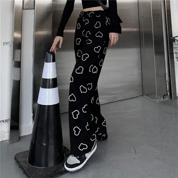 NYOOLO Harajuku Hip-Hop Armastus Printida Kõrge Vöökoht Pikad Püksid Naiste Vabaaja Streetwear Elastne Vöökoht täispikk Mustad Püksid