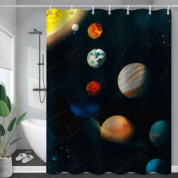 Outerspace Teema Sinine Dušš Kardinad Vannituba 3D Print Veekindel Kangas Konksudega Maa Raketi Muster Decor Vann Kardinad