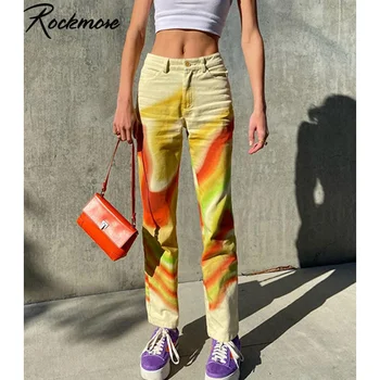 Rockmore Tie Dye Printimiseks Otse Püksid Naiste Madal Vöökoht Cargo Püksid Joggers Y2K Esteetiline Vintage Püksid Capris Mood Harajuku