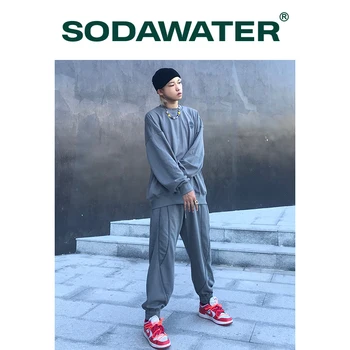 SODAWATER Mens Harajuku Tracksuit Set Streetwear Peegeldav Hip-Hop Crewneck Dressipluus Ja Sweatpant Komplekt Meestele Spordirõivaste Komplekt
