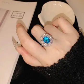 Suur Valge Sinine Ovaalne Lill, Kristall Tsirkoon Reguleeritav Rõngad Naiste Etrendy Isiksuse Elegantne Avatud Ring bijoux