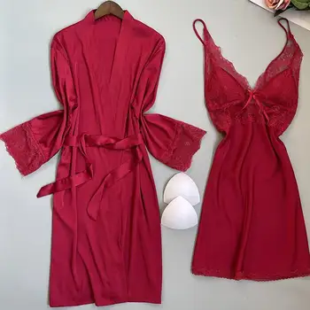 Suvine Kleit Ülikond Naiste Kimono Kleit Sleepwear Pits Pruut Pruutneitsi Pulm Nightgowns Seksikas Magada Komplekt Satiinist Lahtise Kodu Korrastamine