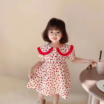 Tüdrukud Dress 2021 Lapsed Suvel Uus Toode Korea Stiilis Polka Dot Kleidi Punase Suur Rinnamikrofon Pastoraalne Kleit