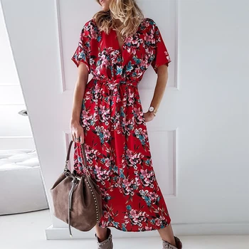 Uus Elegantne Õie Printida V Kaela Naiste Kleit Suvel 2021 Mood Pits-Up Slim Pikk Kleit Vabaaja Lühikesed Varrukad Beach Kleit Vestidos