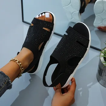 Uus suvine daamid sandaalid seksikas kingad crystalcasual daamid korter lukk vöö mood rand kingad suured hingav rhinestones