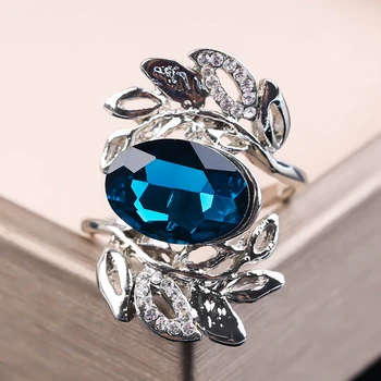 Võlu Suur Sinine Ovaalne Crystal Rõngad Naiste Loominguline Branch Jätab Paar Rõngad, Pulmad Isiksuse Ehted Ringi Hulgimüük