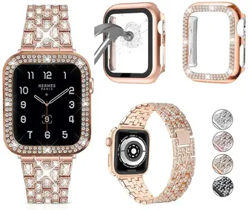 Ühildub Apple Watch Band Naiste Ehted Bling Teemant Metall Rihm Teemant korpus ja Klaas Ekraani Kaitsekile Juhul