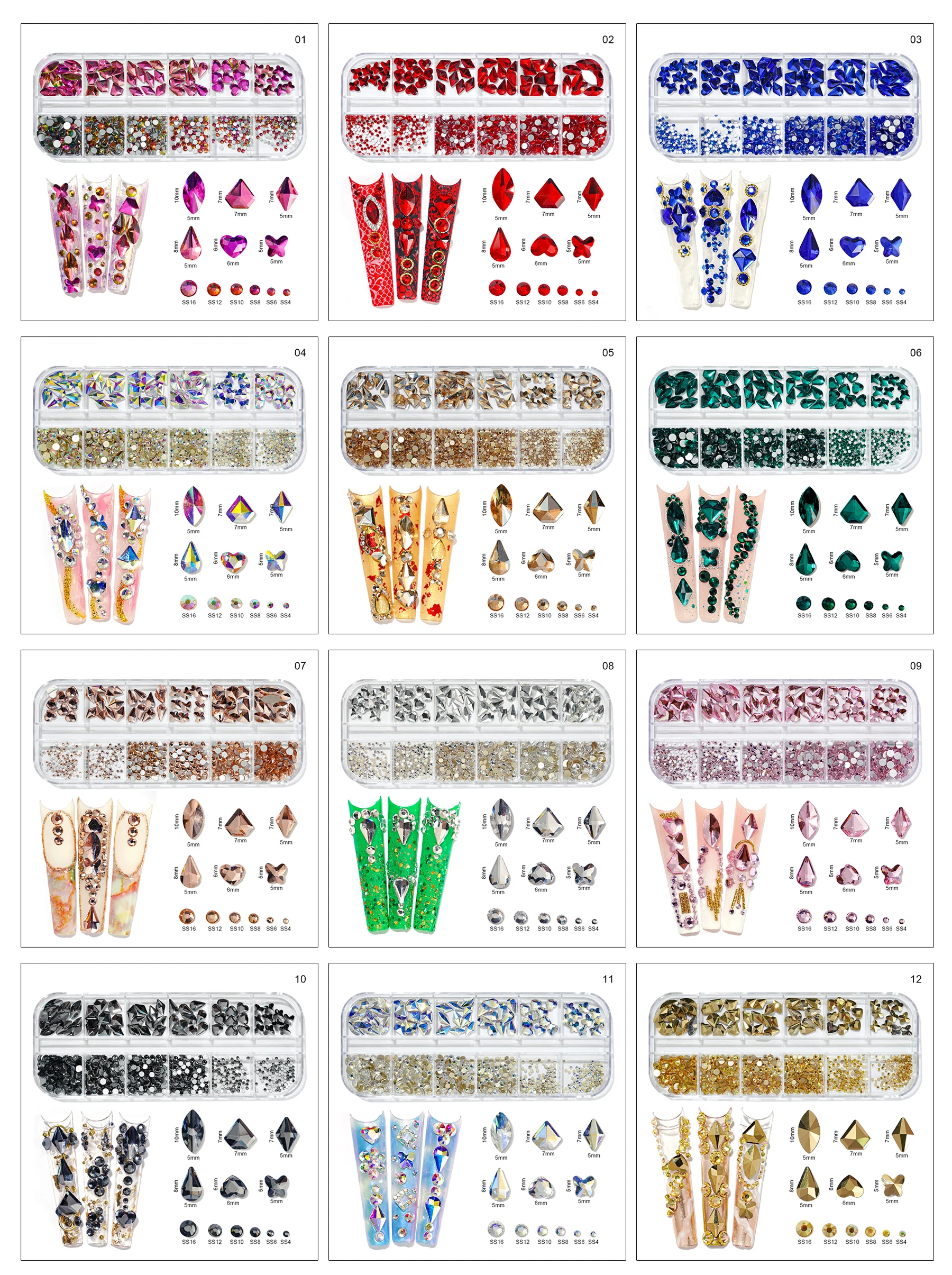 12Grid(Iga-1-Kuju)Nail Art Crystal Rhinestone,AB/Roosa/Punane...Küüned/Lapiga/Juuksed...Klaasist Pärl Kaunistused Küünte Pakkumise P406(1-9)
