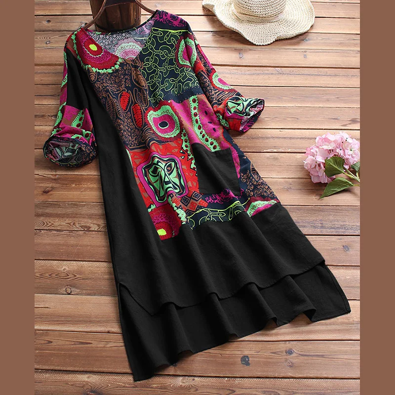 2020. aasta Sügisel Etniline Kleit Naiste Pesu Puuvillane Kleit 5XL Pluss Suurus Print V-Kaeluse Poole Varruka Ebaseaduslike Jagada Hem Retro, Vintage Kleit