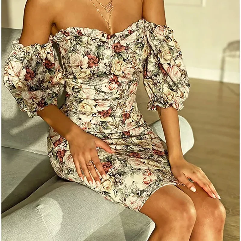 2021 Maha Õla Suvine Kleit Olkaimeton Floral Print Naiste Mantel Kleidid Elastne Vintske Selvedge Mini Sundress Naistele