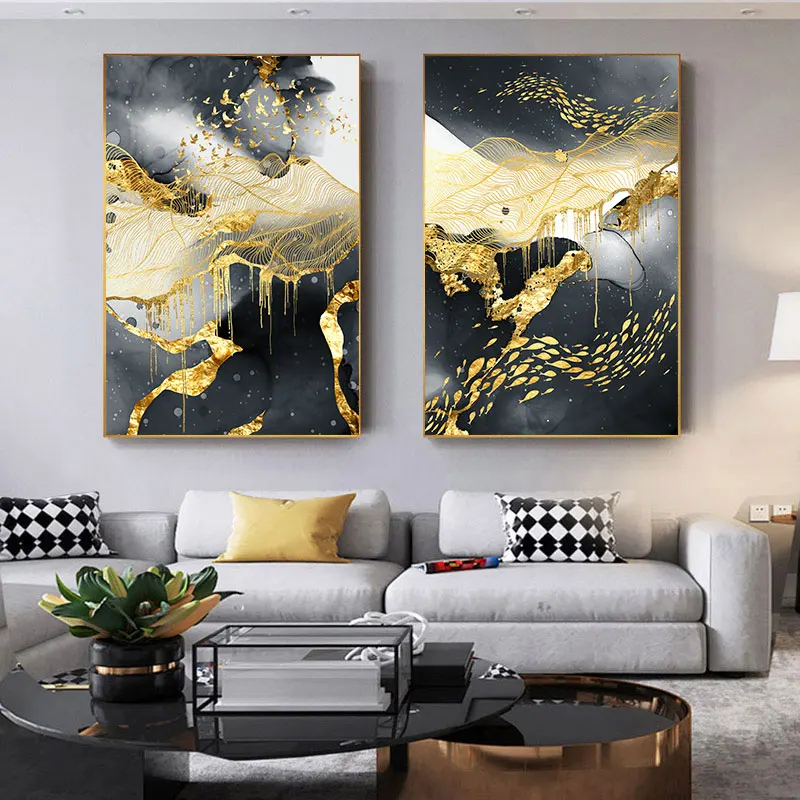 Abstraktne Kuldne Must Kala Rühma Lõuendile Maali Maastik Plakat ja Print Põhjamaade Seina Art Picutre Kaasaegne Elu Home Decor