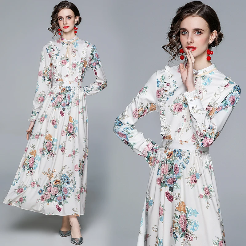 JSXDHK 2021 Kevadine Vintage Print Pikk Kleit Naiste Elegantne-Line Töö Vabaaja peokleidid Pahkluu pikkus Sifonki Vestidos