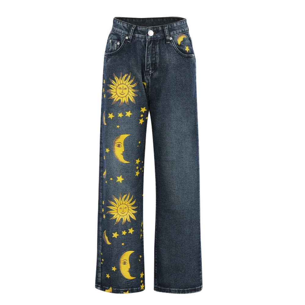 Kõrge Vöökoht Lahti Teksad Naistele Sun Moon Star Muster Pluss Suurus Vabaaja Sirge Denim Püksid Streetwear Pestud Poiss Teksad