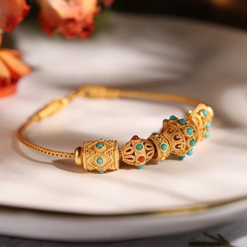 Looduslik sünteetiline türkiis DIY pärlitest käevõru Hiina stiilis retro disainer unikaalse vana kuld käsitöö luksus hõbe ehted