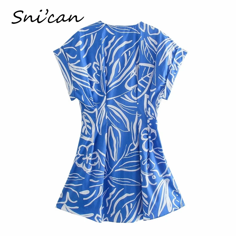 Sinine Naiste Mini Kleit Za 2021 Suve Mood Daamid, V-Kaeluse, Lühikeste Varrukate Kõrge Vöökoht Särk Kleidid Rüü Femme Vintage Vestidos