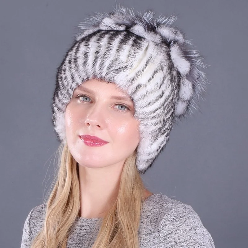Uue Venemaa Naiste Küüliku Karusnahast Peakatted, Silmkoelised Triibuline Lady Küüliku Karusnahast Müts Talvel Soe Lilled Mütsid
