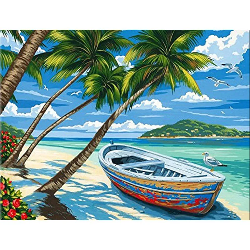 Vaade merele 5D DIY Diamond Maali Beach Kookospähkli Puu Mosaiik ristpistes Tikand Praami Pilt Kodu Kaunistamiseks Seina Art Q17