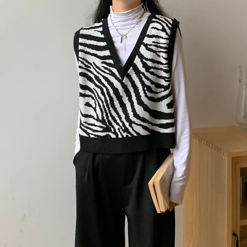 Vintage Naine Koo Vest Zebra Print Elegantne Vest Vabaaja Lahti Varrukateta Topid Naistele 2021 Kevade Mood Office Pullover